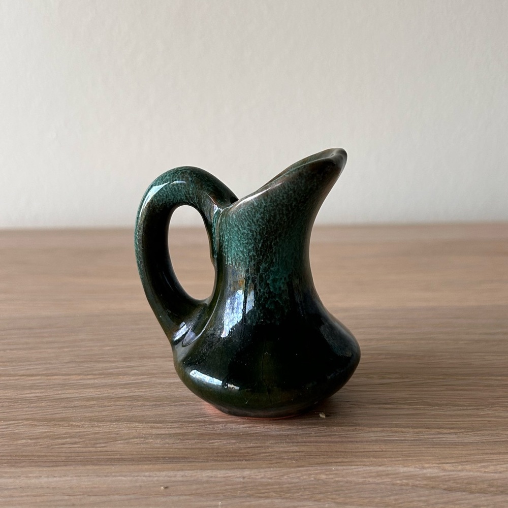 Vintage MCM Upper Canada Village Small Pottery Pitcher - Turquoise Drip Glaze